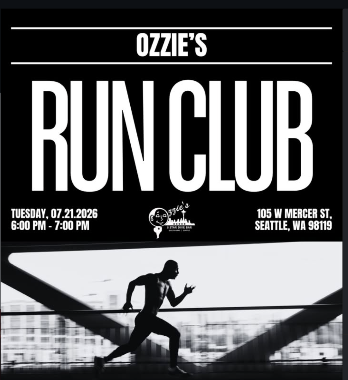 Ozzie's Run Club flyer for Tuesdays at 6:00 PM, 105 W Mercer St, Seattle